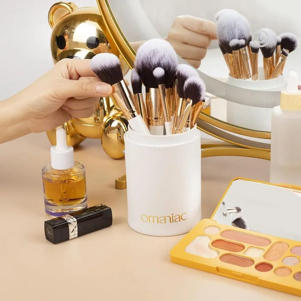 12 Rose Gold And White Pearlescent Wood Handle Makeup Brushes Set With Case